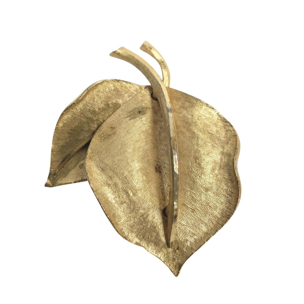 Vintage B.S.K. Textured Double Leaf Brooch Gold Tone Signed Benny Steinberg Pin